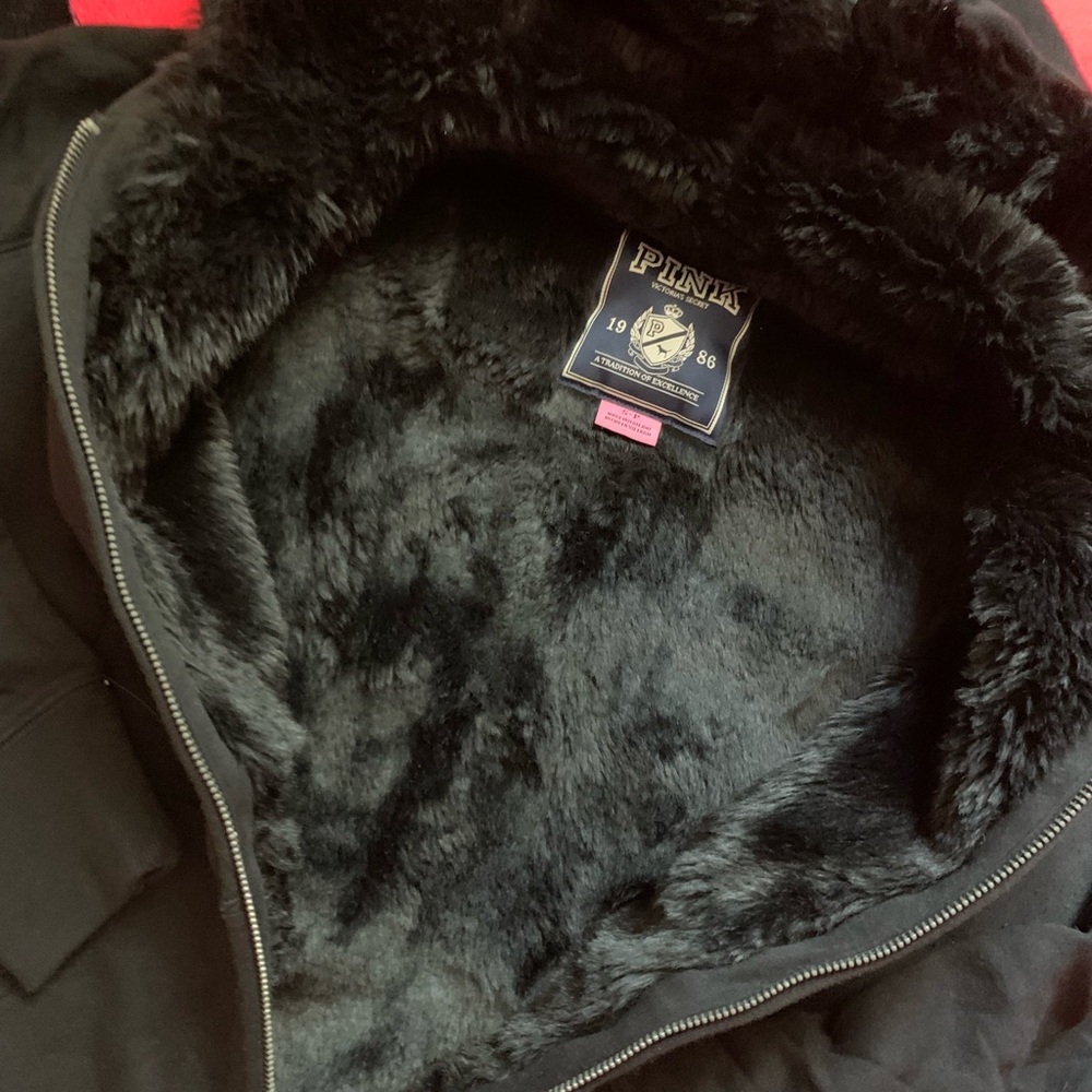 RARE SEQUINED FAUX FUR LINED PINK Victoria's Secret Black Hoodie New No tags - Picture 5 of 6